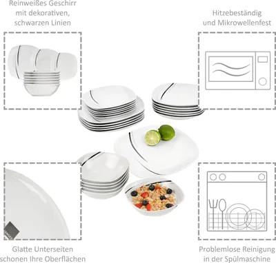 Produktbild von Porzellan Geschirrset Bilgola Black Lines, Kombiservice 24 teilig für 6 Personen