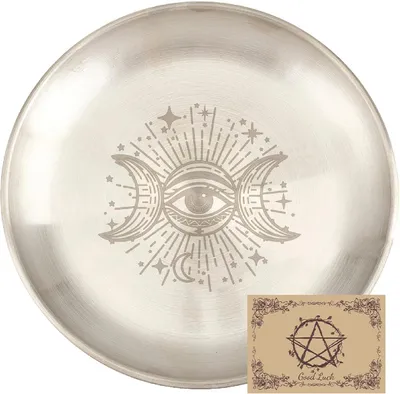 Produktbild von Ritualteller: Flache, aus Edelstahl gefertigte Schale.Runde, silberne Schmuckschale.Tarot-Opfergefäß.Weihrauchbrenner mit Halterung.Schmuckhalter.Für den Gebrauch beim Räuchern