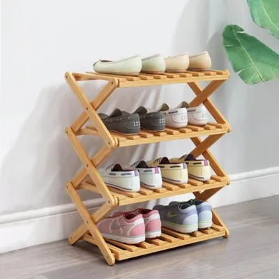 Image de Étagère à chaussures en bambou, 4 niveaux, pliable, sans montage, dimensions : 49 x 26 x 69 cm