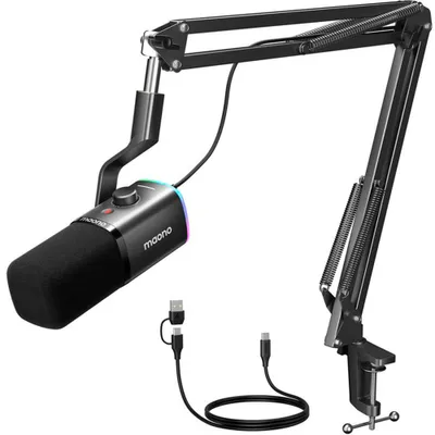 Zdjęcie produktu dla MAONO PD100XS Dynamiczny mikrofon RGB USB/XLR z uchwytem na ramię, czarny