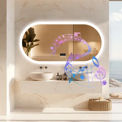 A modern bathroom with a large oval mirror, sink, and basket of towels, with musical notes overlaid on the mirror.