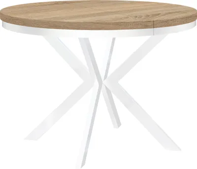 Image de Table ronde à rallonges pour la salle à manger ENDIK avec piétement à anneaux et pieds en métal, diamètre : 110 / 160 cm, couleur : chêne Sonoma / blanc