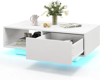 Imagen del producto de Mesa de centro con iluminación LED, mesa de salón de alto brillo con 20 colores de luz, mesa auxiliar con cajón y espacio de almacenamiento, mesa de café rectangular para sala de estar, 95 x 55 x 31 cm (blanco)