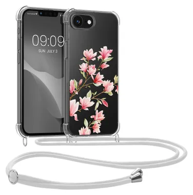 Produktbild von kwmobile Necklace Case kompatibel mit Apple iPhone 17e / iPhone 16e Hülle - Silikon Cover mit Handykette - Rosa Weiß Transparent Magnolien