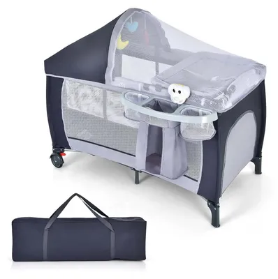 Immagine prodotto di Lettino da viaggio per bambini 1–2 anni - 4 in 1 - Pieghevole - Con culla - Con fasciatoio - Box - Funzione altalena - Carillon e arco giochi - Grigio
