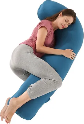 Image de (Bleu) Coussin de grossesse en forme de J pour dormeur latéral Coussin pour le corps de la mère Soutien de la tête et du cou pour le ventre 65 x 125 cm