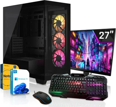 SYSTEMTREFF Gaming Komplett PC - Ryzen 5 9500F - 6x 3.8GHz - AMD Radeon RX 9060 XT 16GB - 32GB DDR5 - 1TB NVMe - 27 Zoll TFT - Windows 11 Pro - Desktop