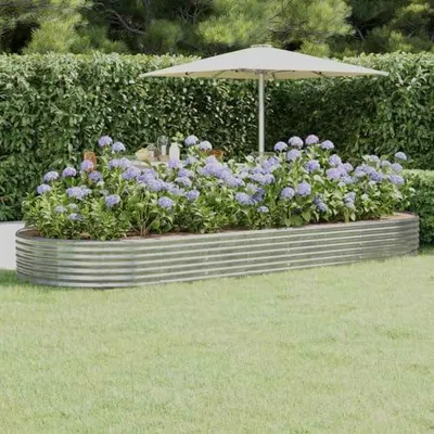 Produktbild von Großes, ovales Hochbeet für den Garten, 373 x 140 x 36 cm, verzinkter Stahl, Silber, für Pflanzen, Gemüse, Kräuter und Blumen
