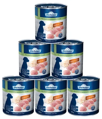 Produktbild von Dehner Premium Hundefutter Sensitive, Nassfutter zuckerfrei / getreidefrei, für ausgewachsene ernährugssensible Hunde, Huhn / Reis, 6 x 800 g Dose (4.8 kg)