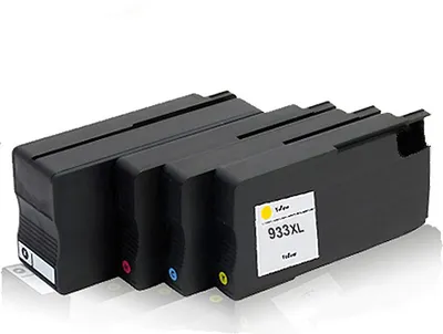 Three black ink cartridges are lined up diagonally on a white background. The front cartridge has a yellow label with text.