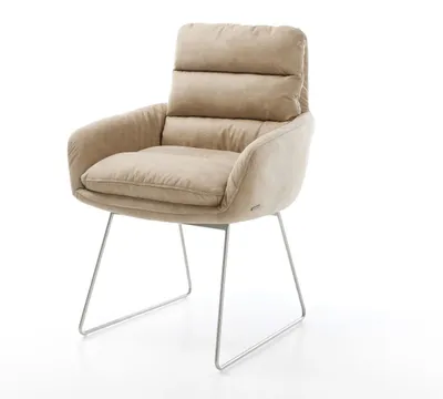 Produktbild von DELIFE Esszimmerstuhl Abelia-Flex mit Armlehnen Mikrofaser Beige Vintage Kufengestell Edelstahl