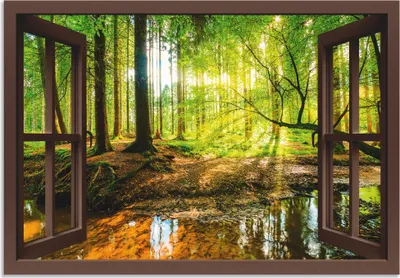 Produktbild von ARTland Wandbild Alu für Innen & Outdoor Fensterblick - Wald mit Bach Größe: 100x70 cm