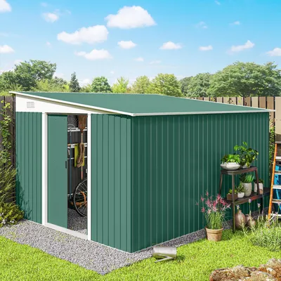 Produktbild von Geräteschuppen Metall XXL Doppeltür abschließbar, Gerätehaus verzinkter Stahl wetterfest, Grün | 280 x 345 x 201 cm | 32 kg | Schrägdach