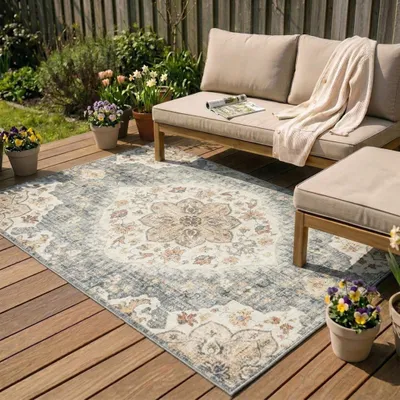 Produktbild von Volero - Vintage Gartenteppich - Santo Mandala Blau Grau - 160x230 cm - Balkon, Garten / Terrasse - Boho, Klassik, Orientalisch