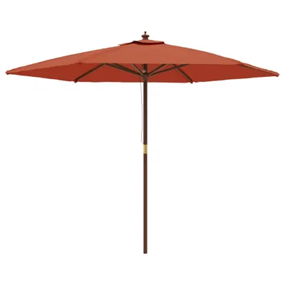 A single outdoor umbrella with a wooden pole.