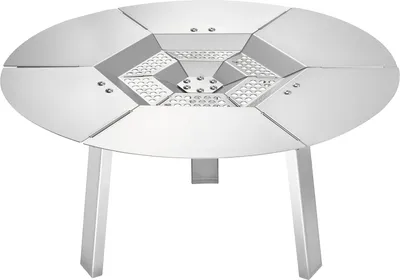 A silver, round heat diffuser for a fire pit, shown from a slightly elevated front angle on a white background.