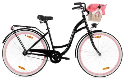 Produktbild von Goetze Style 28 Zoll City Bike, 46 cm Tiefeinsteiger, 1-Gang mit Rücktrittbremse hinten & V-Bremse vorne, LED-Beleuchtung, Rattankorb mit Bezug