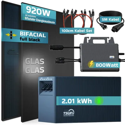 Produktbild von SUNNIVA® 920W Balkonkraftwerk mit 2,01 kWh Speicher TSUN TSOL-DCU2000Lite, 2x 460W BIFAZIAL FULLBLACK komplett Steckdose, Solaranlage + Solarspeicher