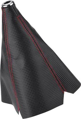 Imagen del producto de Cubierta para pomo de cambio de marchas de estilo universal, fabricada en cuero sintético con detalles en fibra de carbono, con costuras rojas y funda protectora