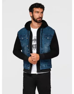Zdjęcie produktu dla Kurtka jeansowa ombre z dzianinowymi rękawami i kapturem jeans/czarny L