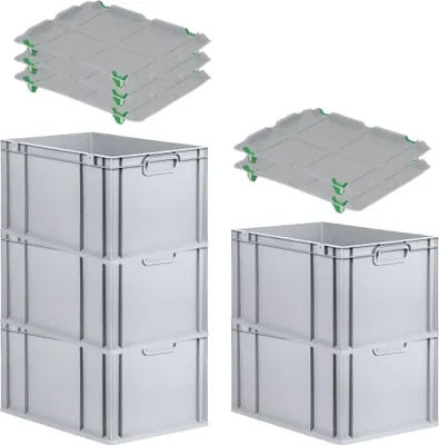 Produktbild von SparSet 5x Eurobox NextGen Economy mit Auflagedeckel und 4x Schiebeschnappverschlüsse Grün | Griffe geschlossen | HxBxT 32x40x60cm | 65 Liter | Eurobehälter, Transportbox, Transportbehälter, Stapelbehälter