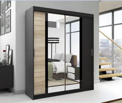 Productafbeelding van Schuifdeurschrank, 2 deuren. Moderne garderobe voor kleding. Verschillende kleuren (wit, zwart, sonoma). Kleerkast BRANI, 160 cm