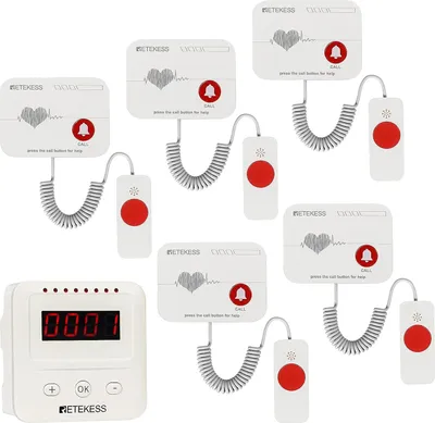 Produktbild von Retekess TH106 drahtloses Anrufsystem, Notfallknopf für Senioren, 80 m Rufweite für Pflegeheime (1 Alarm und 5 Rufe)