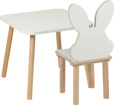 Zdjęcie produktu dla PlayPals Furniture stolik dziecięcy z krzesełkami - zestaw stolik i krzesełka dla dzieci z drewna, 50 x 50 cm - naturalne drewniane meble do siedzenia dla dzieci - zestaw krzesełek dla dzieci królik