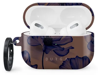 An open AirPods Pro case with AirPods inside, featuring a floral pattern.