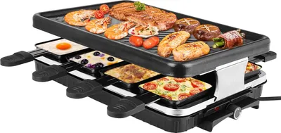 Image de Grill électrique à raclette et barbecue de table - Pour 3 à 5 personnes - Plaque antiadhésive amovible - Régulateur de température - 1300 W - Prise UE - Rouge