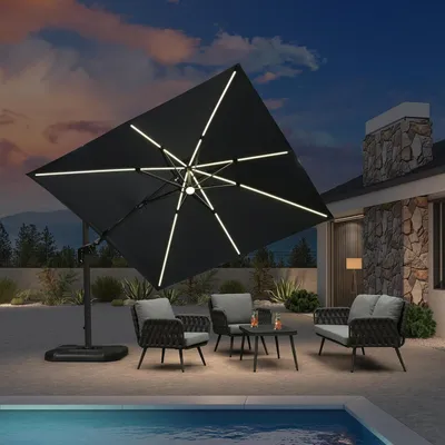 Produktbild von PURPLE LEAF Ampelschirm 300 x 300 cm Sonnenschirm mit LED Beleuchtung, Neigbar Kippbar Gartenschirm mit Kurbel, Aluminium Gestell, 360¡ã Rotation, Grau