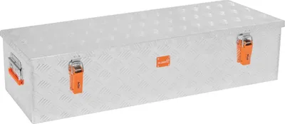 A silver aluminum storage box with orange latches on a white background.