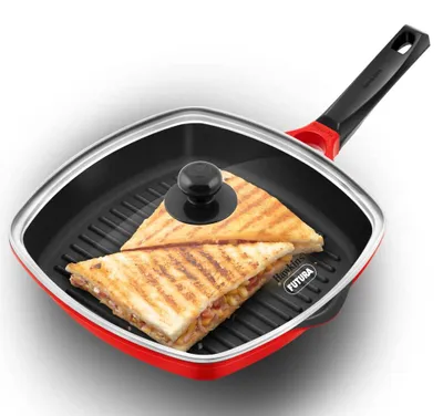 Grillpfanne 30 cm, Alu, Keramikbeschichtung, rot, mit Glasdeckel
