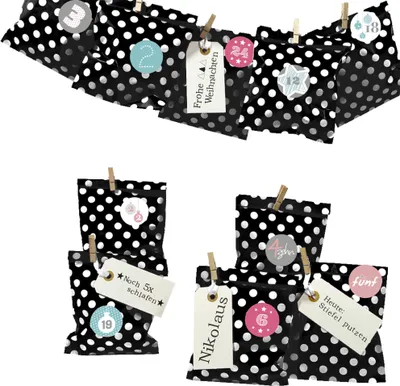 Produktbild von DIY Adventskalender zum Befüllen Bescherung, Papiertueten flach13x16,5cm, schwarz Punkt, Ziffern pastell/ Weihnachten Aufkleber Advent Kalender Kinder