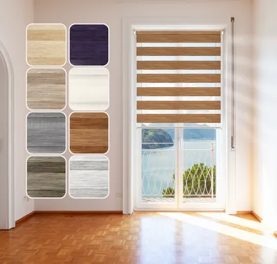 A collage of fabric samples for blinds next to a window with blinds installed.