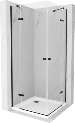A corner shower enclosure with a shower tray, set against a marble-patterned wall.