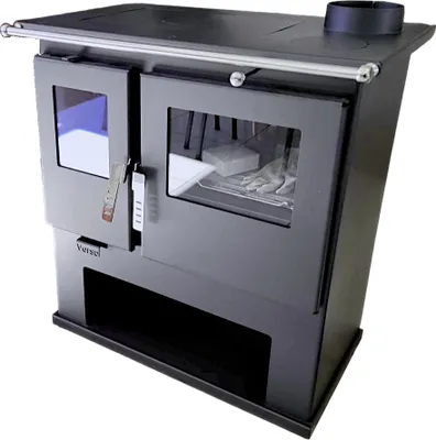 A black wood-burning stove with glass doors and a silver handle.