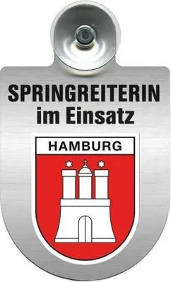 Produktbild von Einsatzschild mit Saugnapf - Springreiterin im Einsatz - 393836 incl. Regionenwappen nach Wahl Color - Region Hamburg