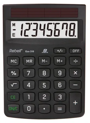 Immagine prodotto di Calcolatrice da tavolo Rebell RE-Eco 310 Eco 310, 100%solare, riga singola, 8 cifre, 102x143x29 mm, nera