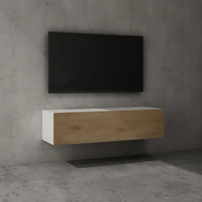 Image de doporro Meuble TV Bas 120x40,2x30cm Armoire TV Blanc Mat + Marron Clair Table de Télévision Salon avec Porte Meuble TV Suspendu MBTV02