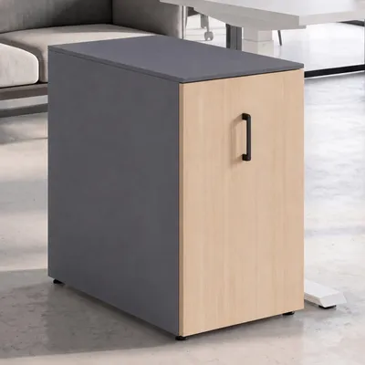 Zdjęcie produktu dla Szafa aktowa HWC-Q27, szafa biurowa, szafa metalowa, z kółkami, półkami, metalowa, 74x43x80 cm, kolor: ciemnoszary, front drewniany