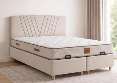 Produktbild von Bett mit Matratze Moderner Stil Beige Stoffbezug Bett mit Stauraum