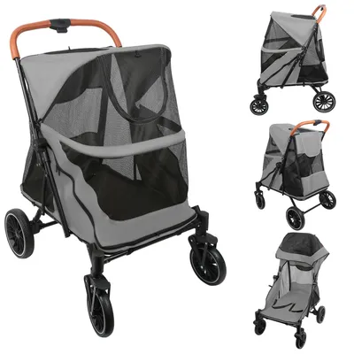 Image de Poussette pour chien 2 en 1, pliable, grande, pour jogging, poussette pour chat avec fenêtres en filet et poignée, grise