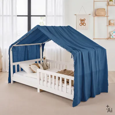 Produktbild von Betthimmel für Hausbett LIAN-1 mit Pompons, 100% Musselin Baumwolle - Blau