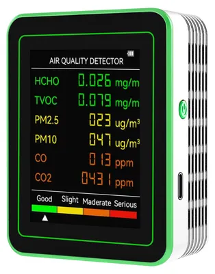 Image de Moniteur de qualité de l'air 6 en 1, détecteur de dioxyde de carbone multifonctionnel, appareil de test mural pour PM2,5, PM10, CO, CO2, HCHO et TVOC