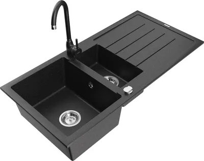 Produktbild von Mexen Andres 1,5-Becken-Granitspüle mit Abtropffläche und Mischbatterie Telma, Schwarz/Silber - 6515-73-670200-70