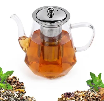 Glas-theepot 1,2 l met zeef, hittebestendig, 304 RVS