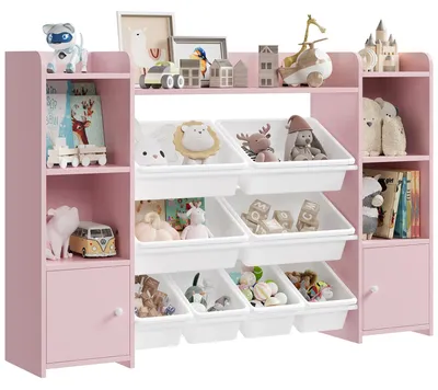 Image de Étagère à jouets pour enfants - Rangement en bois pour jouets et bibliothèque - 8 bacs amovibles - Rangement pour chambre d'enfant ou salle de jeux - 138 x 29 x 94 cm - Rose