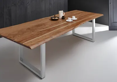 Produktbild von Esstisch Baumkante massiv Akazie natur 300 x 100 U-Gestell silber MILO