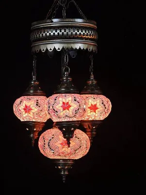 Obrázok produktu pre 4-glóbusová turecká závesná lampa z ružového mozaikového skla - orientálne lustre so 4 mozaikovými sklenenými guľami